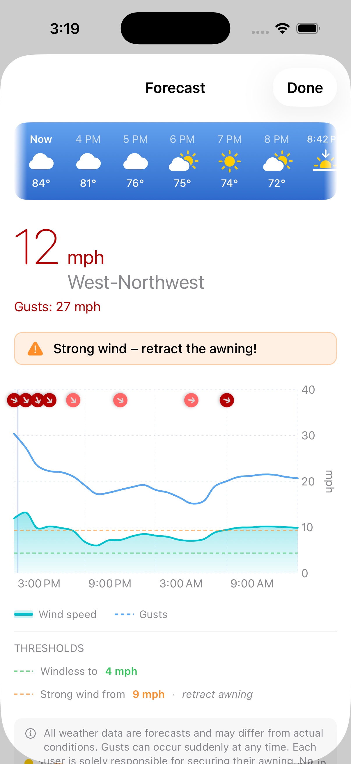 Camprio wind forecast with awning warning